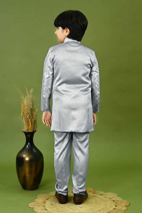 Grey_Satin_Blend_Sherwani_And_Churidar_Set_Embroidered_For_Boys