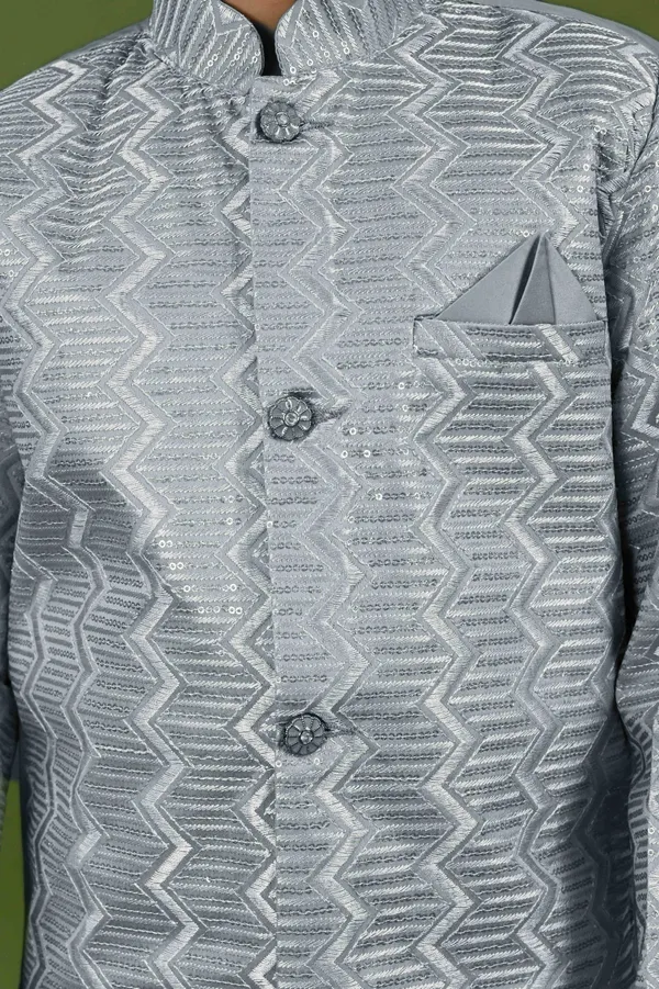 Grey_Satin_Blend_Sherwani_And_Churidar_Set_Embroidered_For_Boys