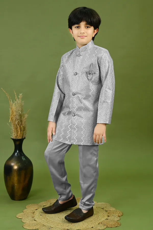 Grey_Satin_Blend_Sherwani_And_Churidar_Set_Embroidered_For_Boys