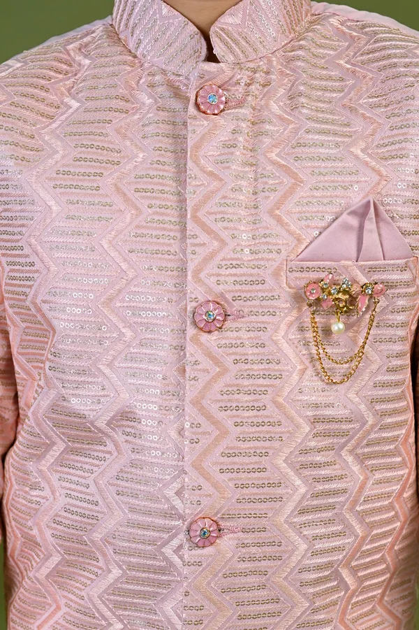 Onion_Pink_Satin_Blend_Sherwani_And_Churidar_Set_Embroidered_For_Boys