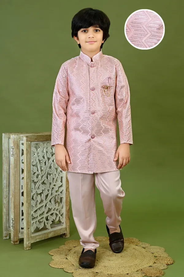 Onion_Pink_Satin_Blend_Sherwani_And_Churidar_Set_Embroidered_For_Boys