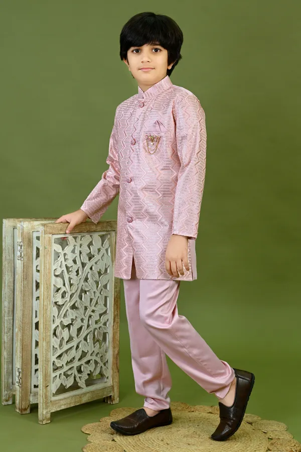 Onion_Pink_Satin_Blend_Sherwani_And_Churidar_Set_Embroidered_For_Boys