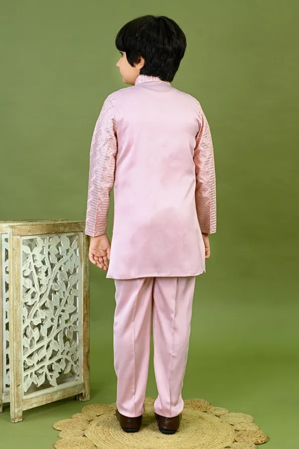 Onion_Pink_Satin_Blend_Sherwani_And_Churidar_Set_Embroidered_For_Boys