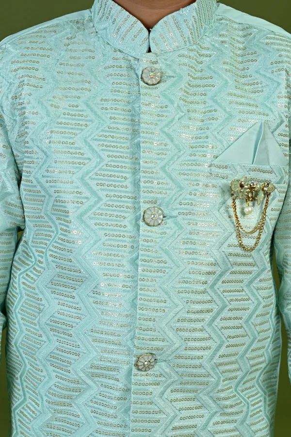 Sky_Blue_Satin_Blend_Sherwani_And_Churidar_Set_Embroidered_For_Boys