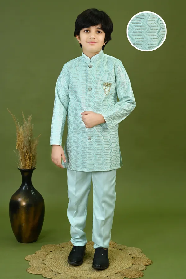 Sky_Blue_Satin_Blend_Sherwani_And_Churidar_Set_Embroidered_For_Boys