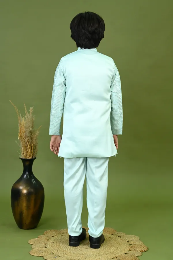 Sky_Blue_Satin_Blend_Sherwani_And_Churidar_Set_Embroidered_For_Boys