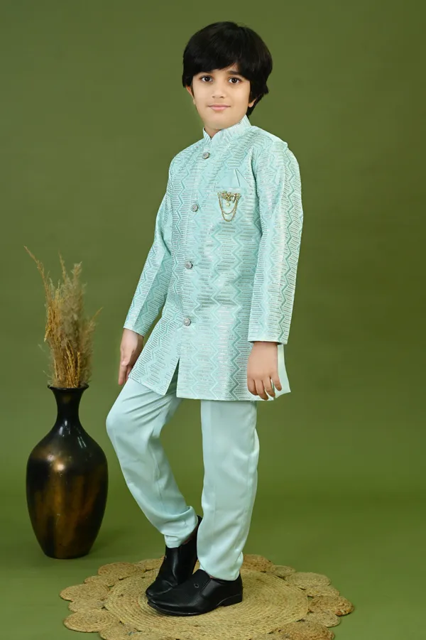 Sky_Blue_Satin_Blend_Sherwani_And_Churidar_Set_Embroidered_For_Boys