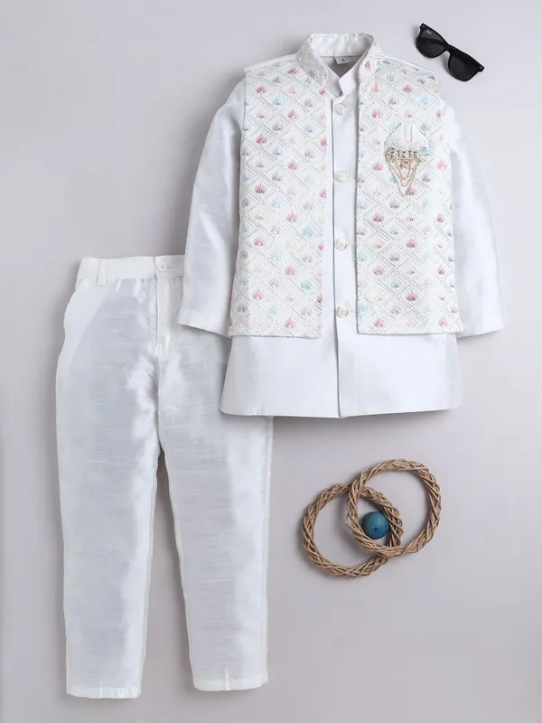 Multicolor_Cotton_Silk_|Satin_Blend_Sherwani_And_Churidar_Set_Embroidered_For_Boys