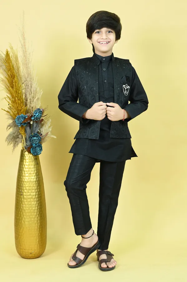 Black_Cotton_Silk_|Satin_Blend_Kurta,_Waistcoat_And_Pyjama_Set_Embellished_For_Boys