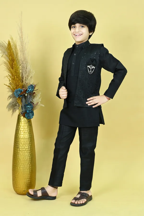 Black_Cotton_Silk_|Satin_Blend_Kurta,_Waistcoat_And_Pyjama_Set_Embellished_For_Boys