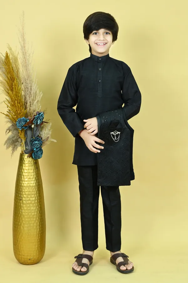 Black_Cotton_Silk_|Satin_Blend_Kurta,_Waistcoat_And_Pyjama_Set_Embellished_For_Boys