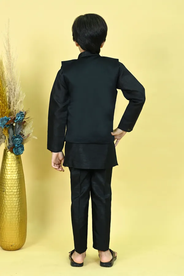 Black_Cotton_Silk_|Satin_Blend_Kurta,_Waistcoat_And_Pyjama_Set_Embellished_For_Boys