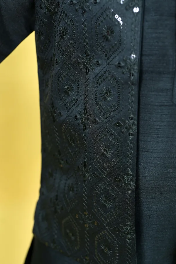 Black_Cotton_Silk_|Satin_Blend_Kurta,_Waistcoat_And_Pyjama_Set_Embellished_For_Boys