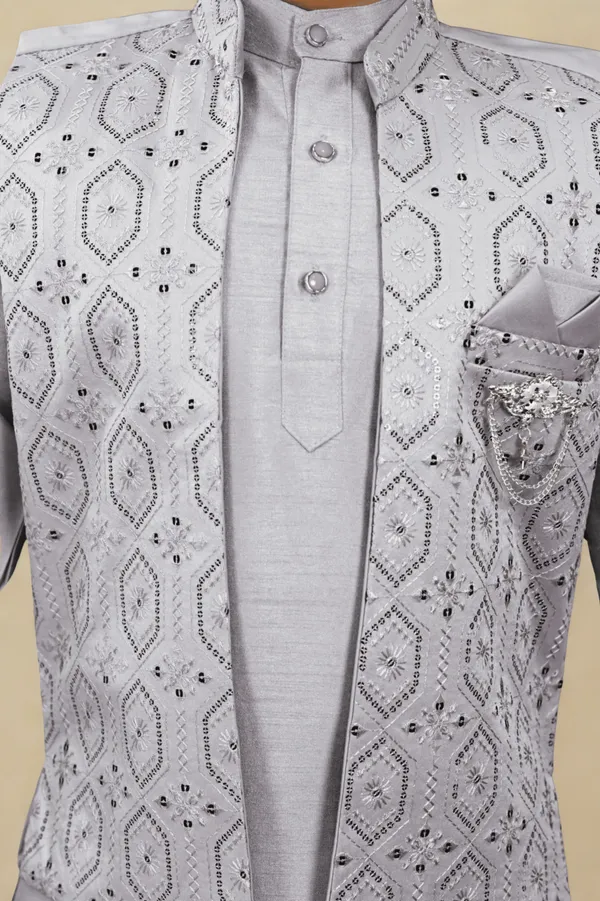 Lavender_Cotton_Silk_|Satin_Blend_Kurta,_Waistcoat_And_Pyjama_Set_Embellished_For_Boys