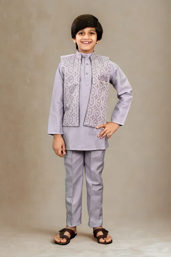 Lavender_Cotton_Silk_|Satin_Blend_Kurta,_Waistcoat_And_Pyjama_Set_Embellished_For_Boys