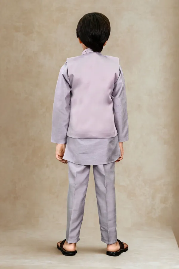 Lavender_Cotton_Silk_|Satin_Blend_Kurta,_Waistcoat_And_Pyjama_Set_Embellished_For_Boys