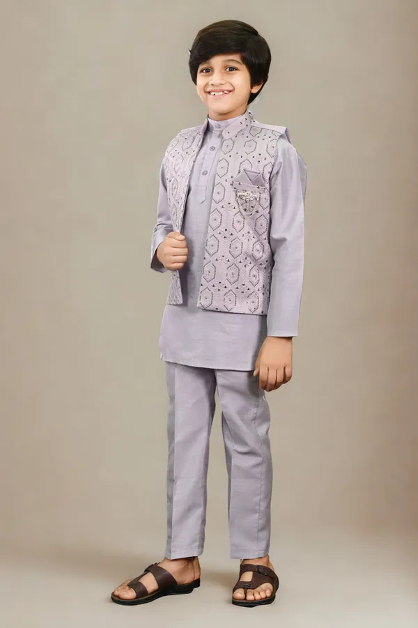 Lavender_Cotton_Silk_|Satin_Blend_Kurta,_Waistcoat_And_Pyjama_Set_Embellished_For_Boys