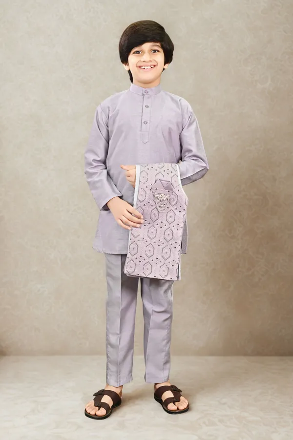 Lavender_Cotton_Silk_|Satin_Blend_Kurta,_Waistcoat_And_Pyjama_Set_Embellished_For_Boys
