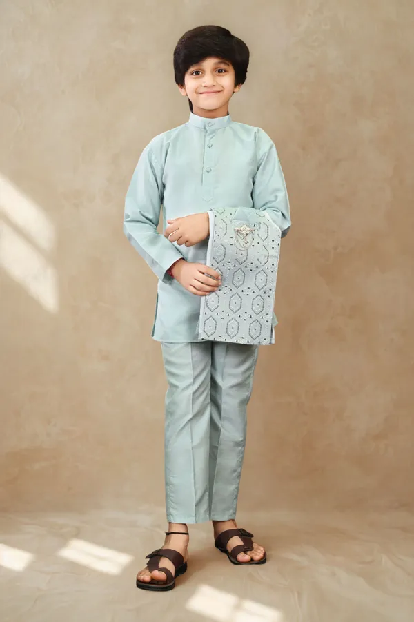 Aqua_Blue_Cotton_Silk_|Satin_Blend_Kurta,_Waistcoat_And_Pyjama_Set_Embellished_For_Boys