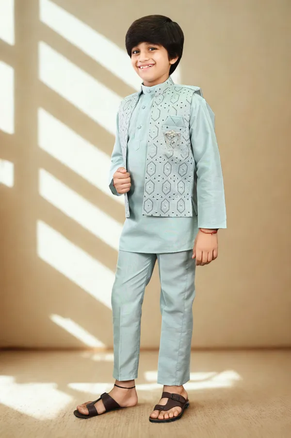 Aqua_Blue_Cotton_Silk_|Satin_Blend_Kurta,_Waistcoat_And_Pyjama_Set_Embellished_For_Boys