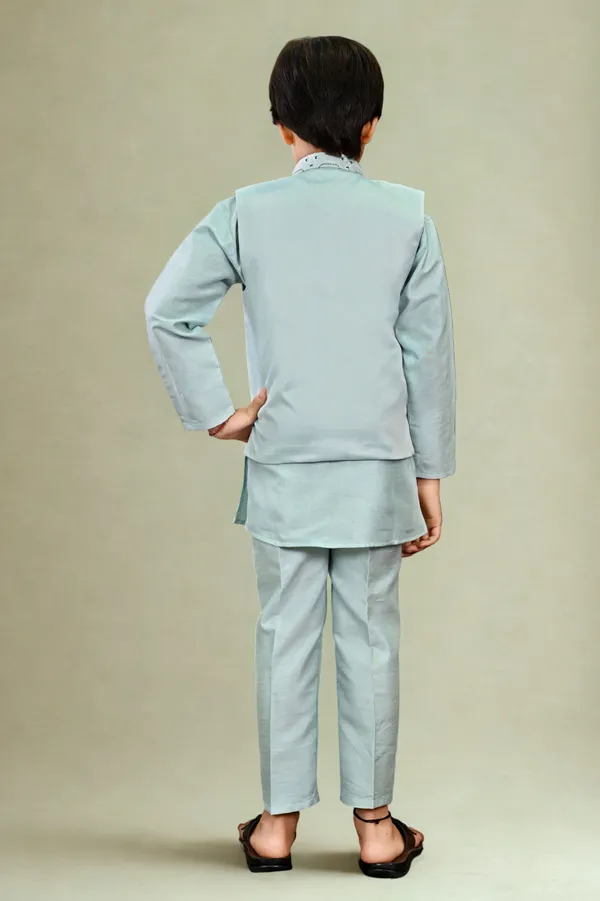 Aqua_Blue_Cotton_Silk_|Satin_Blend_Kurta,_Waistcoat_And_Pyjama_Set_Embellished_For_Boys