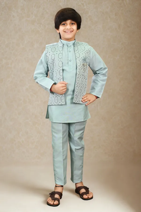 Aqua_Blue_Cotton_Silk_|Satin_Blend_Kurta,_Waistcoat_And_Pyjama_Set_Embellished_For_Boys