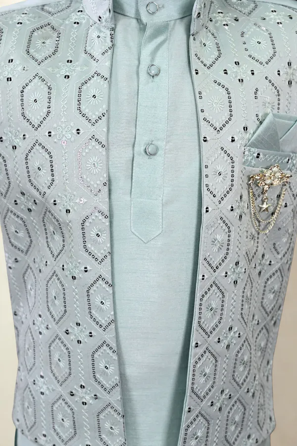 Aqua_Blue_Cotton_Silk_|Satin_Blend_Kurta,_Waistcoat_And_Pyjama_Set_Embellished_For_Boys
