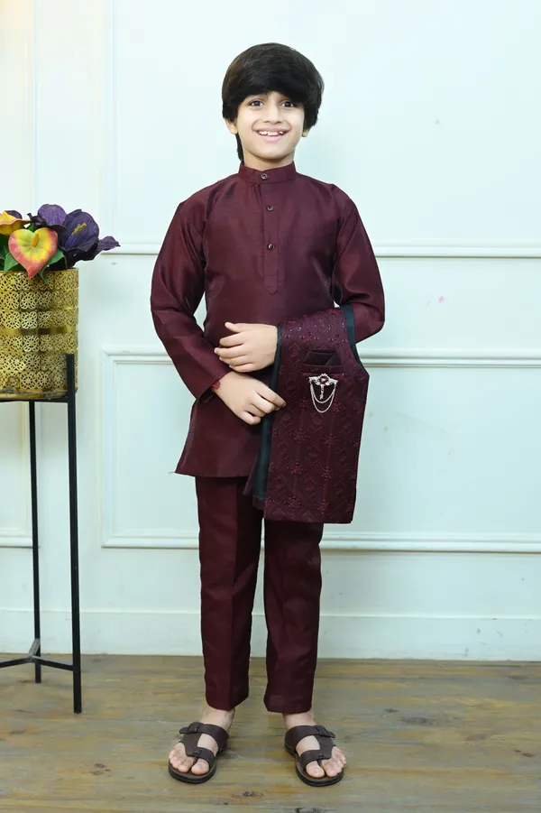 Wine_Cotton_Silk_|Satin_Blend_Kurta,_Waistcoat_And_Pyjama_Set_Embellished_For_Boys