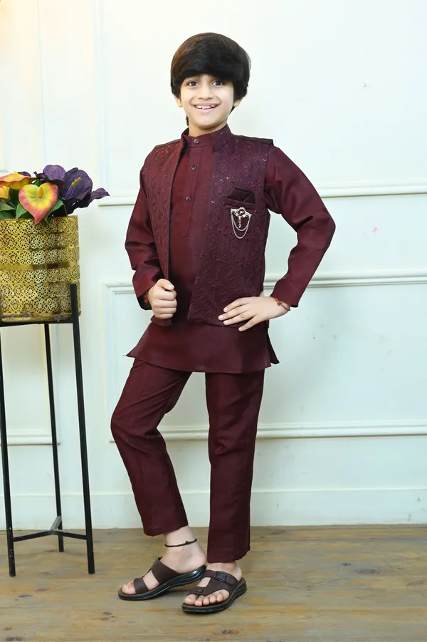 Wine_Cotton_Silk_|Satin_Blend_Kurta,_Waistcoat_And_Pyjama_Set_Embellished_For_Boys