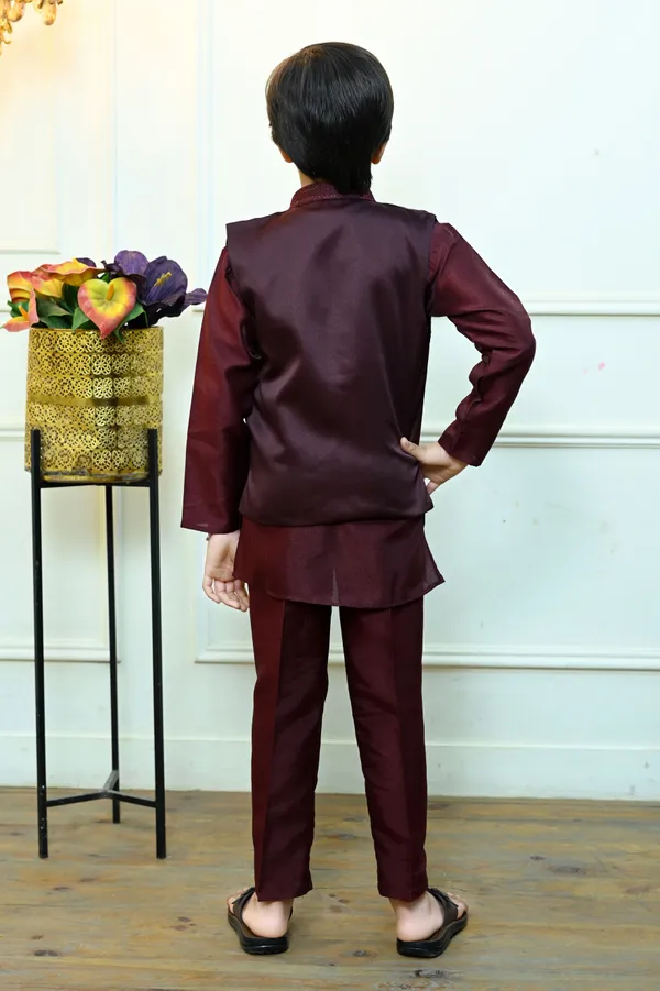 Wine_Cotton_Silk_|Satin_Blend_Kurta,_Waistcoat_And_Pyjama_Set_Embellished_For_Boys