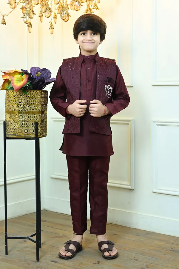 Wine_Cotton_Silk_|Satin_Blend_Kurta,_Waistcoat_And_Pyjama_Set_Embellished_For_Boys
