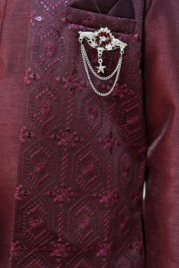 Wine_Cotton_Silk_|Satin_Blend_Kurta,_Waistcoat_And_Pyjama_Set_Embellished_For_Boys