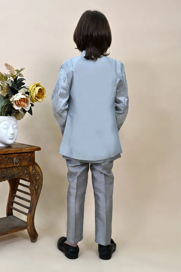 Grey_Silk_Blend_Sherwani_And_Churidar_Set_Embellished_|Embroidered_For_Boys