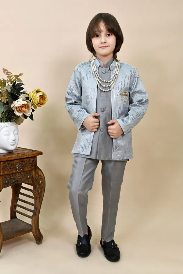 Grey_Silk_Blend_Sherwani_And_Churidar_Set_Embellished_|Embroidered_For_Boys