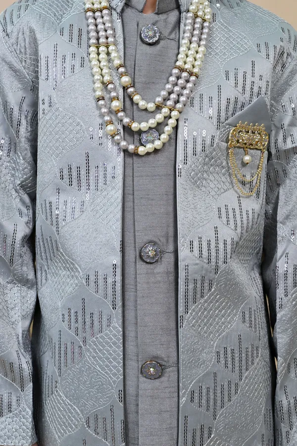 Grey_Silk_Blend_Sherwani_And_Churidar_Set_Embellished_|Embroidered_For_Boys