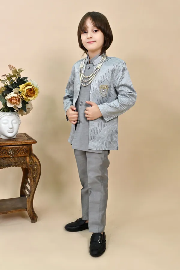 Grey_Silk_Blend_Sherwani_And_Churidar_Set_Embellished_|Embroidered_For_Boys