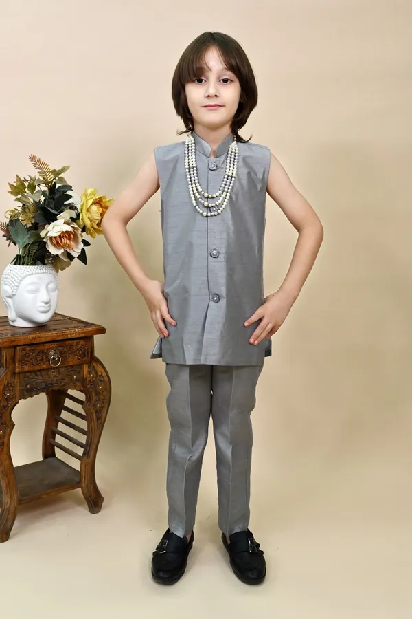 Grey_Silk_Blend_Sherwani_And_Churidar_Set_Embellished_|Embroidered_For_Boys