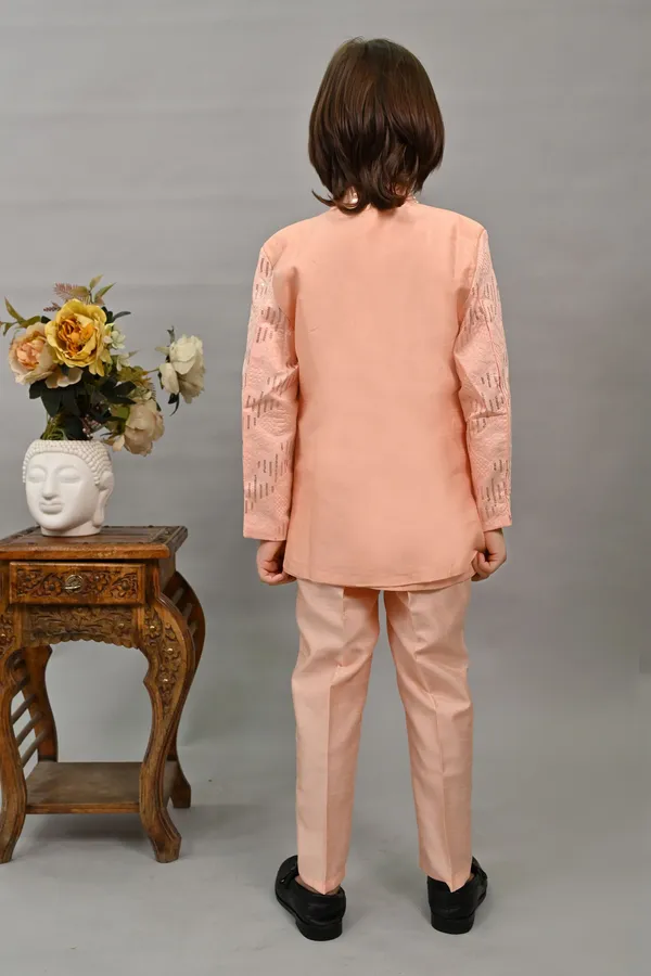 Peach_Silk_Blend_Sherwani_And_Churidar_Set_Embellished_|Embroidered_For_Boys