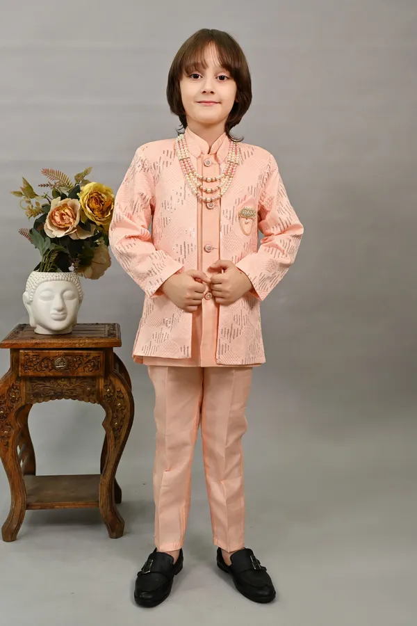 Peach_Silk_Blend_Sherwani_And_Churidar_Set_Embellished_|Embroidered_For_Boys