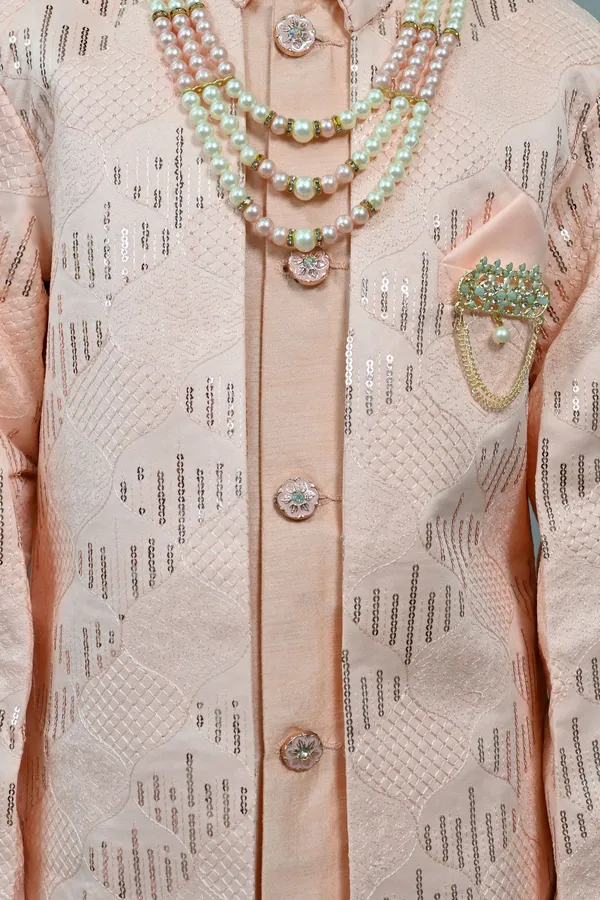 Peach_Silk_Blend_Sherwani_And_Churidar_Set_Embellished_|Embroidered_For_Boys