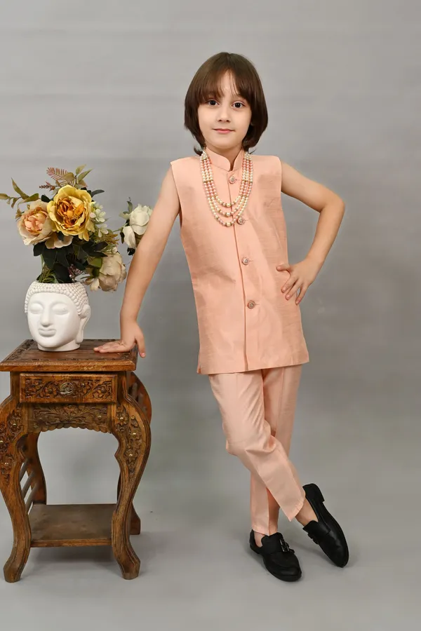 Peach_Silk_Blend_Sherwani_And_Churidar_Set_Embellished_|Embroidered_For_Boys