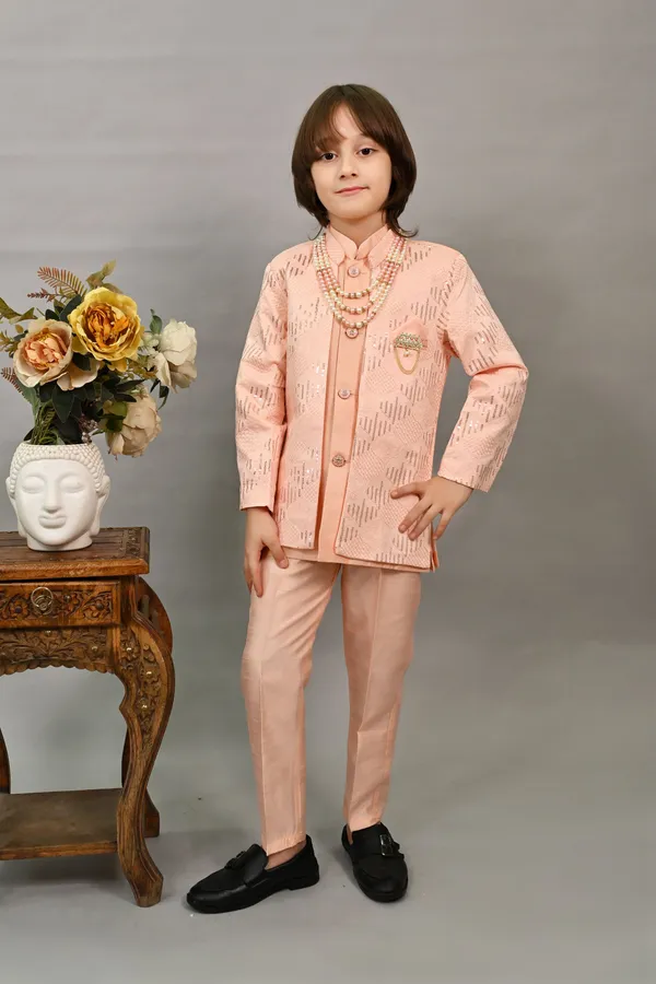 Peach_Silk_Blend_Sherwani_And_Churidar_Set_Embellished_|Embroidered_For_Boys