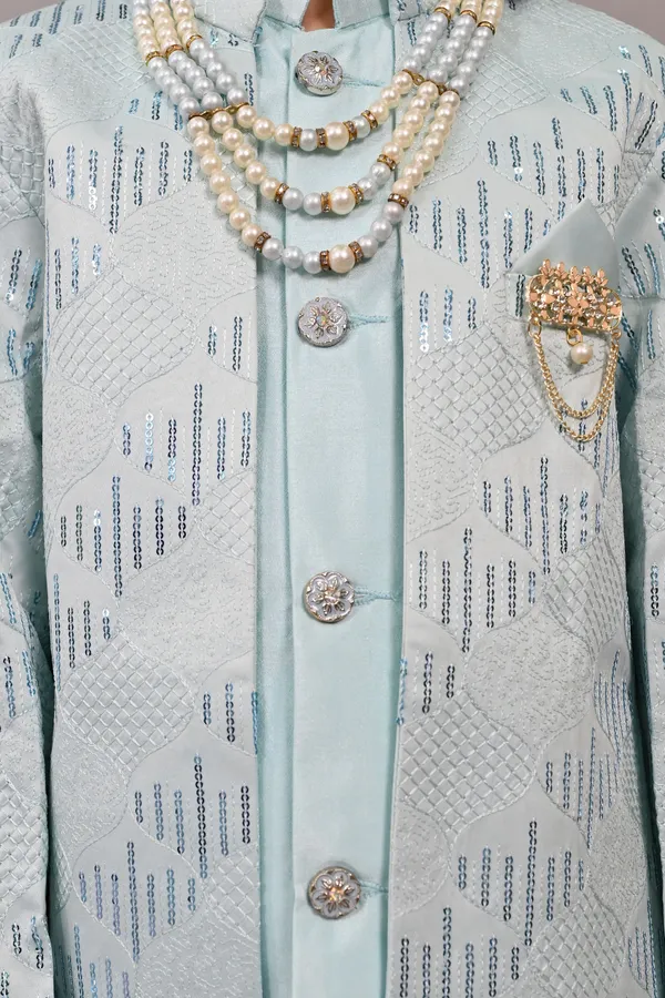 Sky_Blue_Silk_Blend_Sherwani_And_Churidar_Set_Embellished_|Embroidered_For_Boys