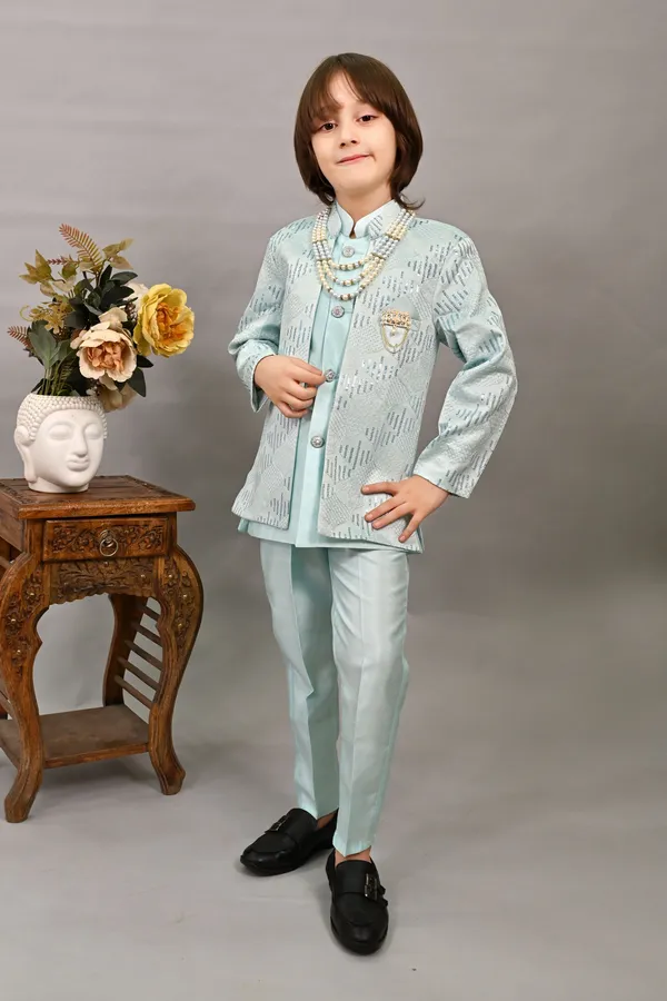 Sky_Blue_Silk_Blend_Sherwani_And_Churidar_Set_Embellished_|Embroidered_For_Boys