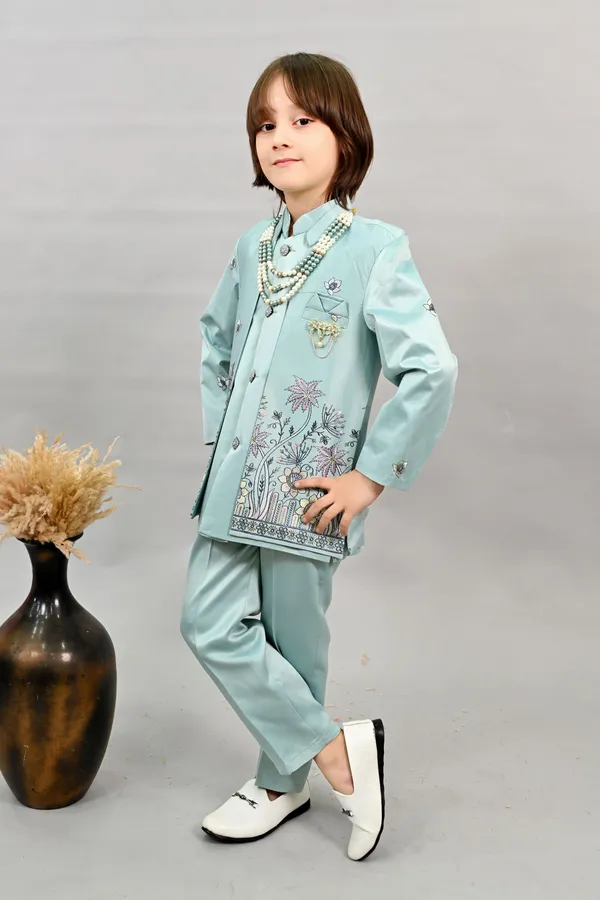 Teal_Blue_Satin_Blend_Sherwani_And_Churidar_Set_Embroidered_For_Boys