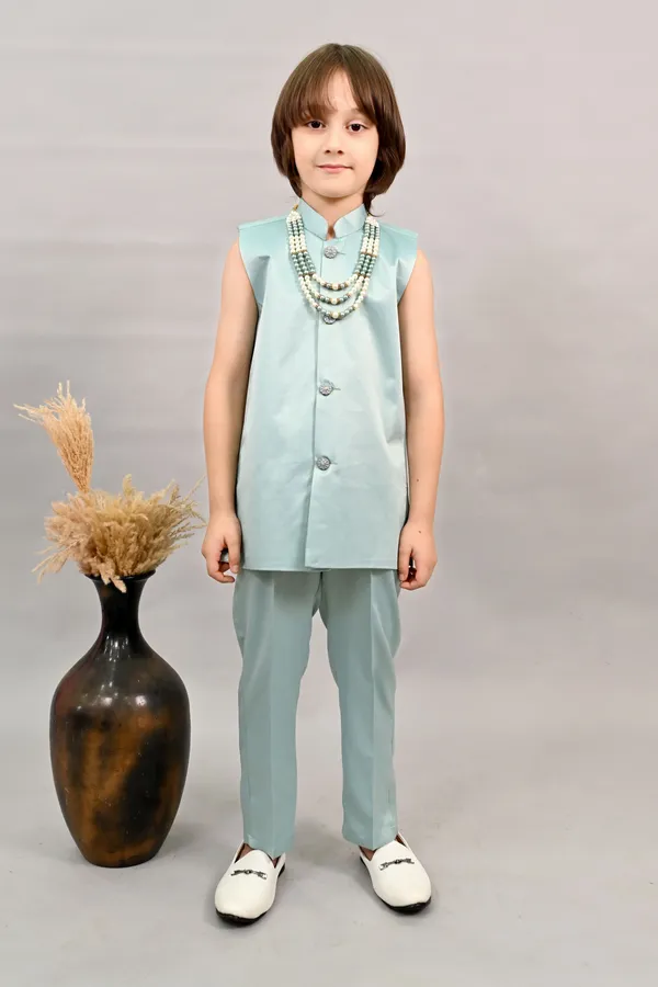 Teal_Blue_Satin_Blend_Sherwani_And_Churidar_Set_Embroidered_For_Boys