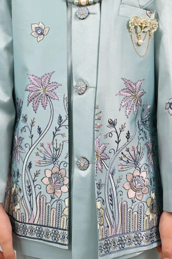 Teal_Blue_Satin_Blend_Sherwani_And_Churidar_Set_Embroidered_For_Boys
