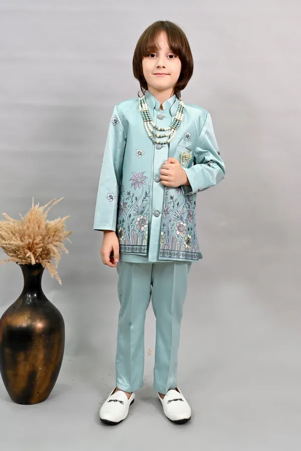 Teal_Blue_Satin_Blend_Sherwani_And_Churidar_Set_Embroidered_For_Boys