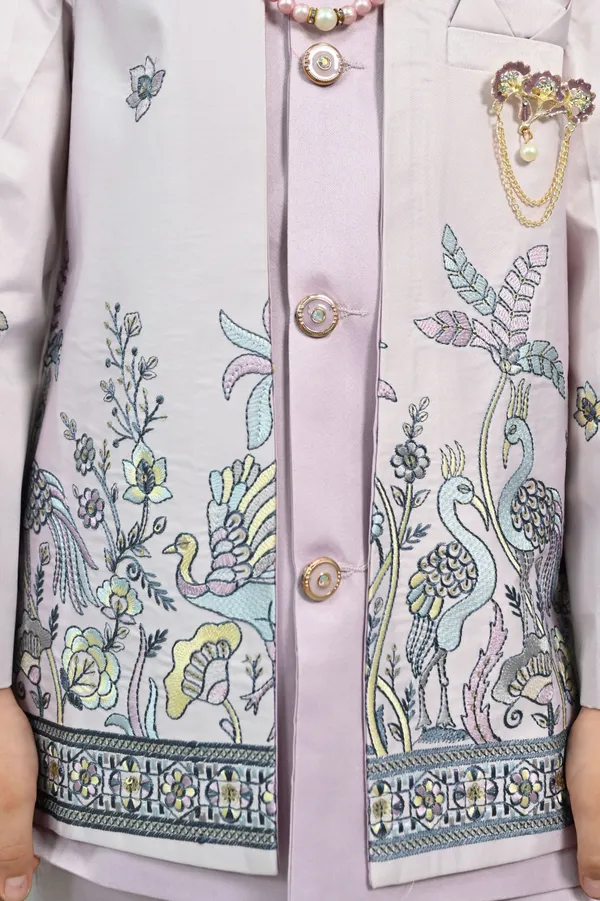 Lilac_Satin_Blend_Sherwani_And_Churidar_Set_Embroidered_For_Boys