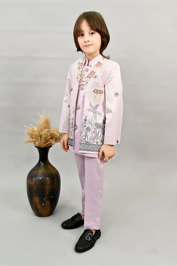 Lilac_Satin_Blend_Sherwani_And_Churidar_Set_Embroidered_For_Boys